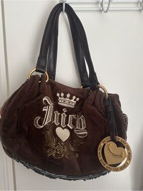 Juicy Couture Brown Suede Logo Shoulder Bag with Gold Charm